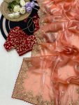 FASHIONABLE SATIN SILK EMBROIDERY SEQUENCE WORK WITH RICH FLORAL BORDER SAREE WITH UNSTITCHED BLOUSE PEACH AND RED
