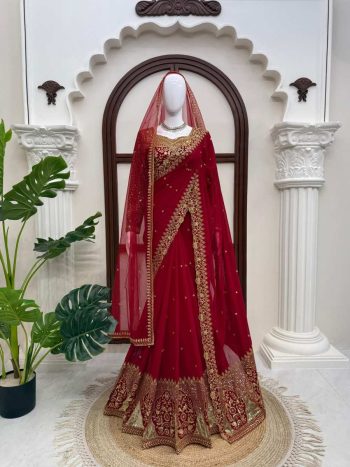 GEORGEOUS FAUX GEORGETTE THREAD WITH SEQUENCE WORK SAREE UNSTITCHED BLOUSE WITH DUPATTA RED