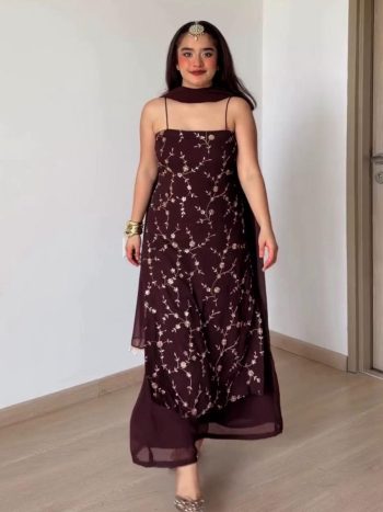 GEORGEOUS  FAUX GEORGETTE  THREAD WITH SEQUENCE WORK TOP PALAZZO WITH DUPATTA BROWN