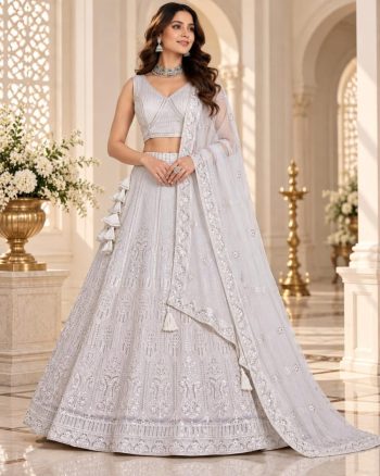 GEORGEOUS HEAVY GEORGETTE EMBROIDERY AND SEQUENCE WORK LEHENGA CHOLI DUPATTA  WHITE