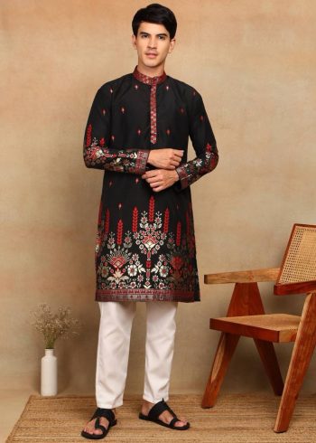 GEORGEOUS PREMIUM COTTON SILK DAMAN DESIGN WEAVING MEN'S KURTA PAYJAMA  BLACK