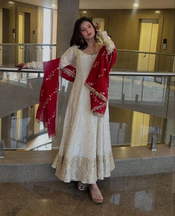 LATEST CHINON SILK EMBROIDERY SEQUENCE WORK  GOWN BOTTOM WITH DUPATTA  WHITE AND RED