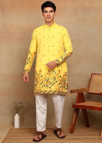 LATEST COTTON SILK DAMAN DESIGN WEAVING MEN'S KURTA AND PAYJAMA  YELLOW