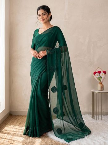 LATEST PREMIUM SPACE SILK MULTI EMBROIDERY AND BEADS WORK OF FLOWER  SAREE WITH UNSTITCHED BLOUSE DARK GREEN