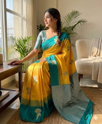 LATEST PURE BANARASI SILK WEAVING , ZARI MOTIFS AND  RICH BORDER WORK SAREE WITH UNSTITCHED BLOUSE YELLOW AND SEE GREEN