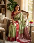 LATEST PURE BANARASI SILK WEAVING , ZARI MOTIFS AND  RICH BORDER WORK SAREE WITH UNSTITCHED BLOUSE PISTA AND MAROON