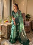 LATEST PURE BANARASI SILK WEAVING , ZARI MOTIFS AND  RICH BORDER WORK SAREE WITH UNSTITCHED BLOUSE GREEN