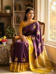 LATEST PURE BANARASI SILK WEAVING , ZARI MOTIFS AND  RICH BORDER WORK SAREE WITH UNSTITCHED BLOUSE YELLOW AND BROWN