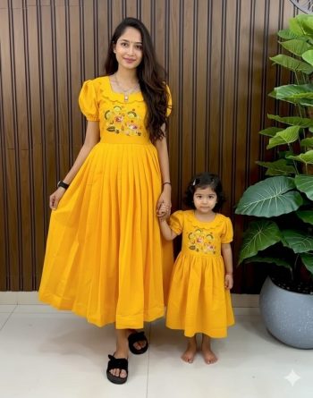 LATEST PURE ROMAN COTTON  SILK HEAVY HANDWORK WITH MULTI EMBROIDERY WORK MOTHER DAUTHER COMBO SET YELLOW