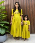 LATEST PURE ROMAN COTTON  SILK HEAVY HANDWORK WITH MULTI EMBROIDERY WORK MOTHER DAUTHER COMBO SET LEMON