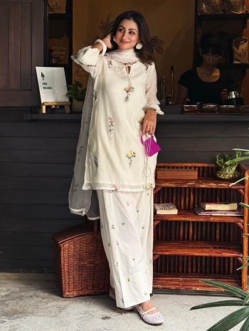 LATEST SATIN MUL CHANDERI EMBROIDERY WORK  TOP PATIYALA WITH DUPATTA OFF WHITE