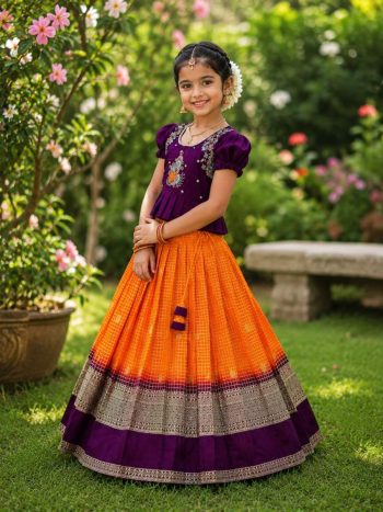 LATEST SILK HEAVY MAGGAM WORK KID'S TOP WITH LEHENGA PURPLE AND ORANGE