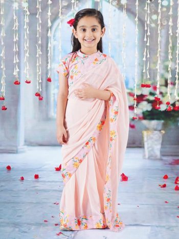 LATEST SOFT DOLA PRINT WORK KID'S READY TO WEAR SAREE WITH BLOUSE PEACH