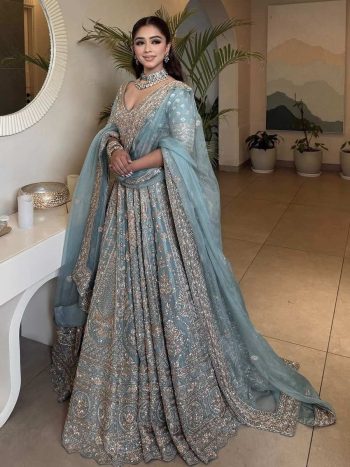 LUXURY CRAPE SILK SEQUENCE , DORI AND ZARI WORK LEHENGA BLOUSE WITH DUPATTA SKY