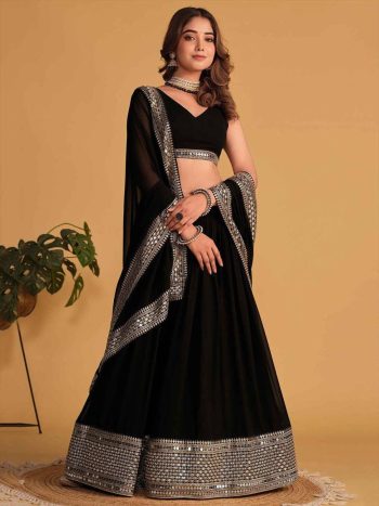LUXURY FAUX BLOOMING SEQUENCE AND EMBROIDERY WORK UNSTITCHED LEHENGA CHOLI AND DUPATTA BLACK