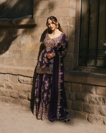 LUXURY PREMIUM  CHINON  ZARI & 5MM SEQUENCE EMBROIDERY WORK TOP PALAZZO WITH DUPATTA PURPLE