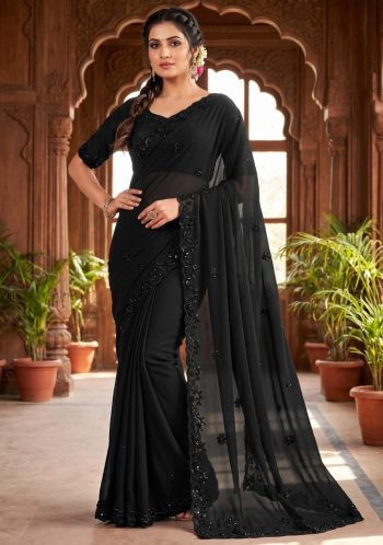 LUXURY PURE FAUX GEORGETTE BLACK BEADS WORK SAREE WITH UNSTITCHED BLOUSE BLACK