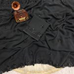 LUXURY PURE FAUX GEORGETTE BLACK BEADS WORK SAREE WITH UNSTITCHED BLOUSE PARTY WEAR WHOLESALE PRICE ETHNIC GARMENT (4)