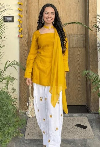 LUXURY PURE MUL CHANDERI EMBROIDERY THREAD WORK TOP BOTTOM WITH DUPATTA  YELLOW AND WHITE