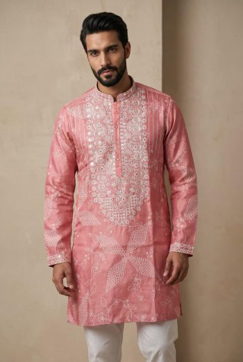 LUXURY SHIMMER SILK EMBROIDERY SEQUENCE WORK KURTA PAYJAMA PINK