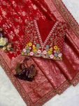 LUXURY SOFT BANARASI JACQUARD SILK SEQUENCE AND DORI EMBROIDERY WORK LACE BORDER SAREE WITH UNSTITCHED BLOUSE RED