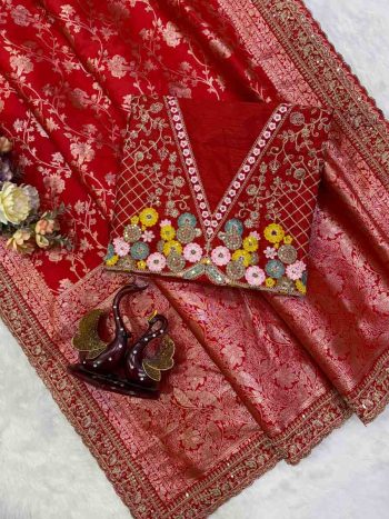 LUXURY SOFT BANARASI JACQUARD SILK SEQUENCE AND DORI EMBROIDERY WORK LACE BORDER SAREE WITH UNSTITCHED BLOUSE RED