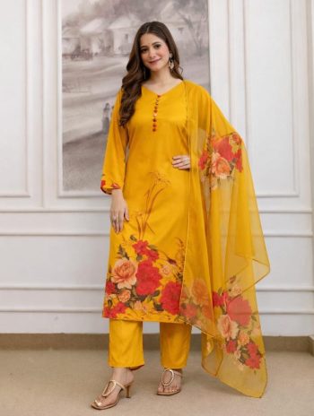 MODERN ASSAM SILK DIGITAL PRINT WORK TOP BOTTOM WITH DUPATTA YELLOW