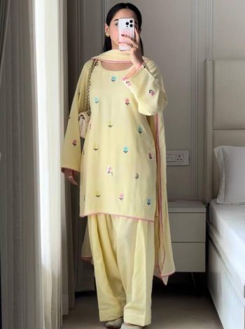 MODERN CHANDERI COTTON MULTI NEEDLE SEQUENCE EMBROIDERY ZARI WORK TOP PATIYALA WITH DUPATTA YELLOW