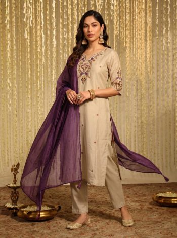 MODERN CHANDERI EMBROIDERY WORK TOP BOTTOM WITH DUPATTA CREAM AND PURPLE