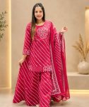 MODERN COTTON PRINT & ORIGINAL MIRROR  WORK TOP PALAZZO WITH DUPATTA PINK