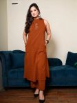MODERN COTTON SILK EMBROIDERY WORK TOP PENT SET ORANGE