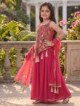 MODERN CREPE SEQUENCE EMBROIDERY WORK KID'S TOP PALAZZO WITH DUPATTA PINK