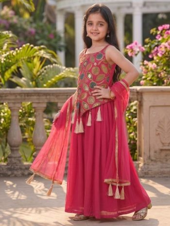 MODERN CREPE SEQUENCE EMBROIDERY WORK KID'S TOP PALAZZO WITH DUPATTA PINK