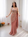 MODERN CREPE SILK EMBROIDEY SEQUENCE MULTI THREAD WORK READY TO WEAR SAREE WITH STITCHED BLOUSE PEACH