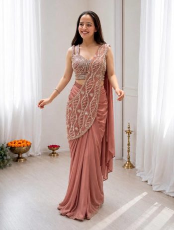 MODERN CREPE SILK EMBROIDEY SEQUENCE MULTI THREAD WORK READY TO WEAR SAREE WITH STITCHED BLOUSE PEACH