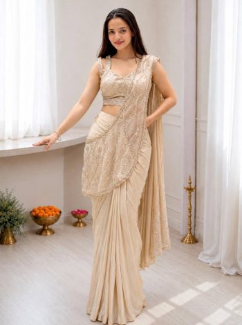 MODERN CREPE SILK EMBROIDEY SEQUENCE MULTI THREAD WORK READY TO WEAR SAREE WITH STITCHED BLOUSE CREAM