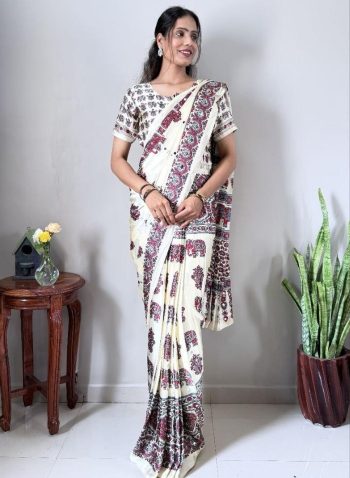 MODERN CREPE SILK PRINTED WITH REAL MIRROR WORK GOWN SAREE OFF WHITE