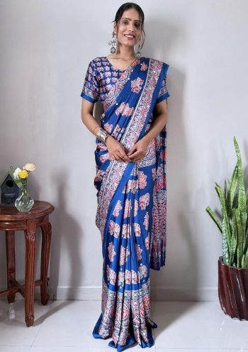 MODERN CREPE SILK PRINTED WITH REAL MIRROR WORK GOWN SAREE BLUE