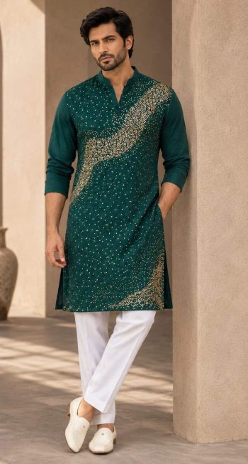 MODERN CRUNCHY  FINE BEADS WORK & DETAILED EMBROIDERY MEN'S KURTA PAYJAMA SET GREEN