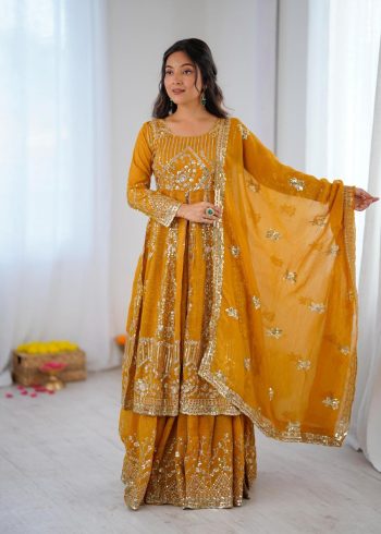 MODERN CRUNCHY SILK EMBROIDERY SEQUENCE WORK TOP PALAZZO WITH DUPATTA YELLOW