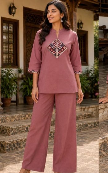 MODERN DHABU COTTON EMBROIDERY WORK CO-ORD SET PINK