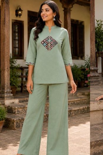 MODERN DHABU COTTON EMBROIDERY WORK CO-ORD SET MINT
