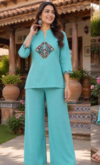 MODERN DHABU COTTON EMBROIDERY WORK CO-ORD SET SKY