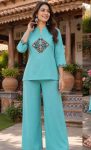 MODERN DHABU COTTON EMBROIDERY WORK CO-ORD SET SKY