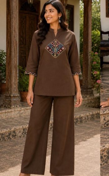 MODERN DHABU COTTON EMBROIDERY WORK CO-ORD SET BROWN