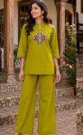 MODERN DHABU COTTON EMBROIDERY WORK CO-ORD SET PARROT GREEN