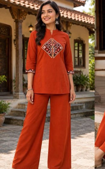 MODERN DHABU COTTON EMBROIDERY WORK CO-ORD SET ORANGE