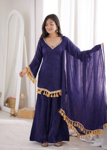 MODERN DOREMON CRUSH REAL MIRROR WORK LACE BORDER  WORK TOP PALAZZO WITH DUPATTA PURPLE