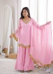 MODERN DOREMON CRUSH REAL MIRROR WORK LACE BORDER  WORK TOP PALAZZO WITH DUPATTA BABY PINK