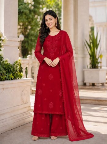 MODERN FAUX BLOOMING GEORGETTE EMBROIDERY WORK WITH 3MM SEQUENCE TOP PALAZZO WITH DUPATTA RED